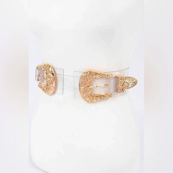 Gold & Clear Double Buckle Statement Belt